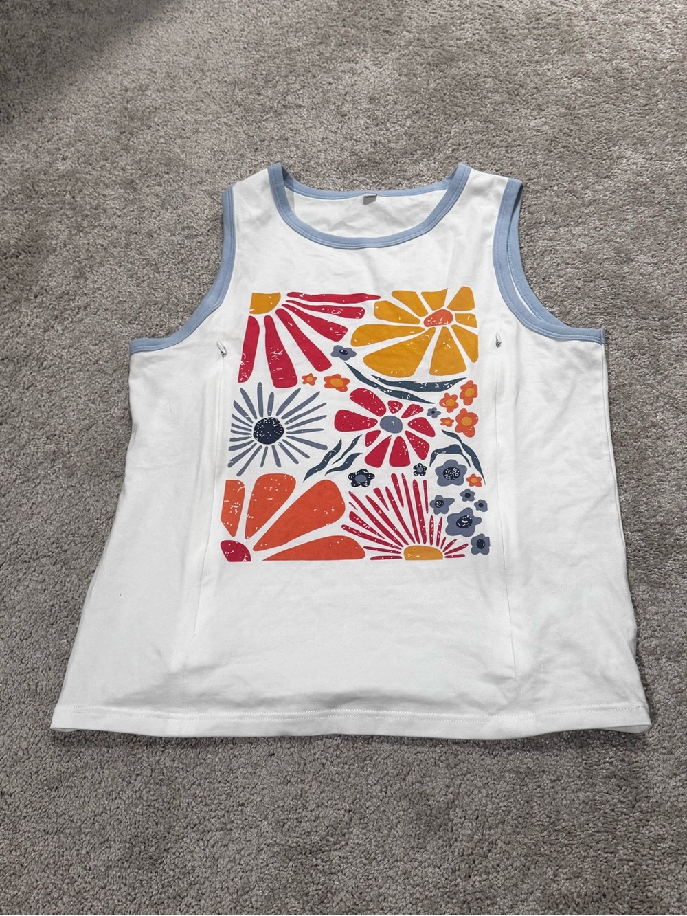 Nursing/Breastfeeding White Floral Graphic Tank with Sky Blue Trim
